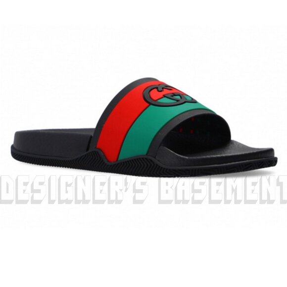GUCCI men 10 Agrado INTERLOCKING G Logo Black Green Red rubber Slide sandals NIB - Picture 11 of 11